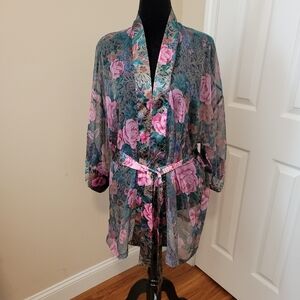 Victoria's Secret Gold Label Vintage Sheer and Satin Green Pink Floral Robe OS